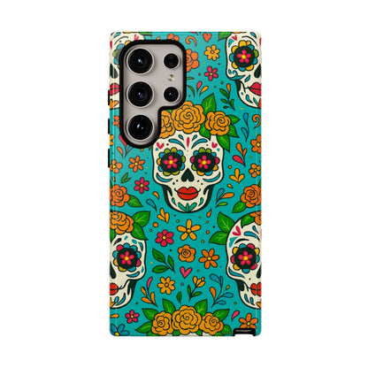 Teal Mexican Style Phone Cases With Floral Skulls - Dia De Los Muertos