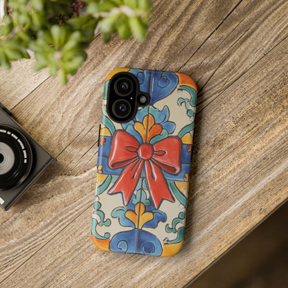 Colourful Ceramic Tile Design Phone Case With Red Bow