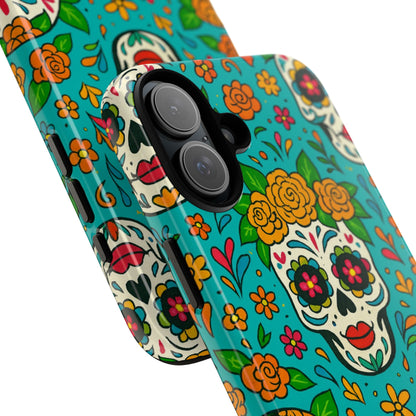 Teal Mexican Style Phone Cases With Floral Skulls - Dia De Los Muertos