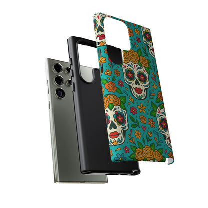 Teal Mexican Style Phone Cases With Floral Skulls - Dia De Los Muertos