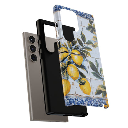Phone Case, Coastal Tough Case With Lemons in Distressed Ceramic Tile Design, Protective Cover, Summer Accessory, Mediterranean Style iPhone
