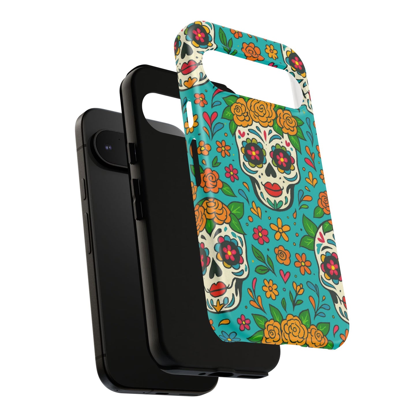 Teal Mexican Style Phone Cases With Floral Skulls - Dia De Los Muertos