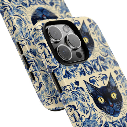 Tough Phone Case - Mediterranean Tile Motif With Blue Cats