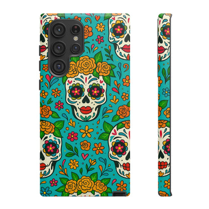 Teal Mexican Style Phone Cases With Floral Skulls - Dia De Los Muertos