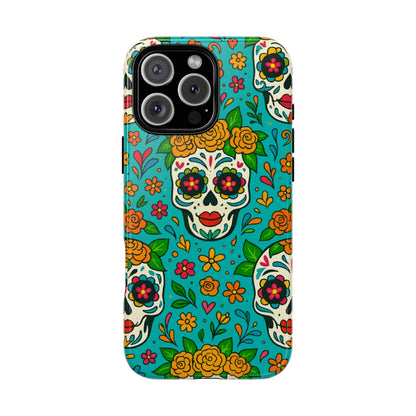 Teal Mexican Style Phone Cases With Floral Skulls - Dia De Los Muertos