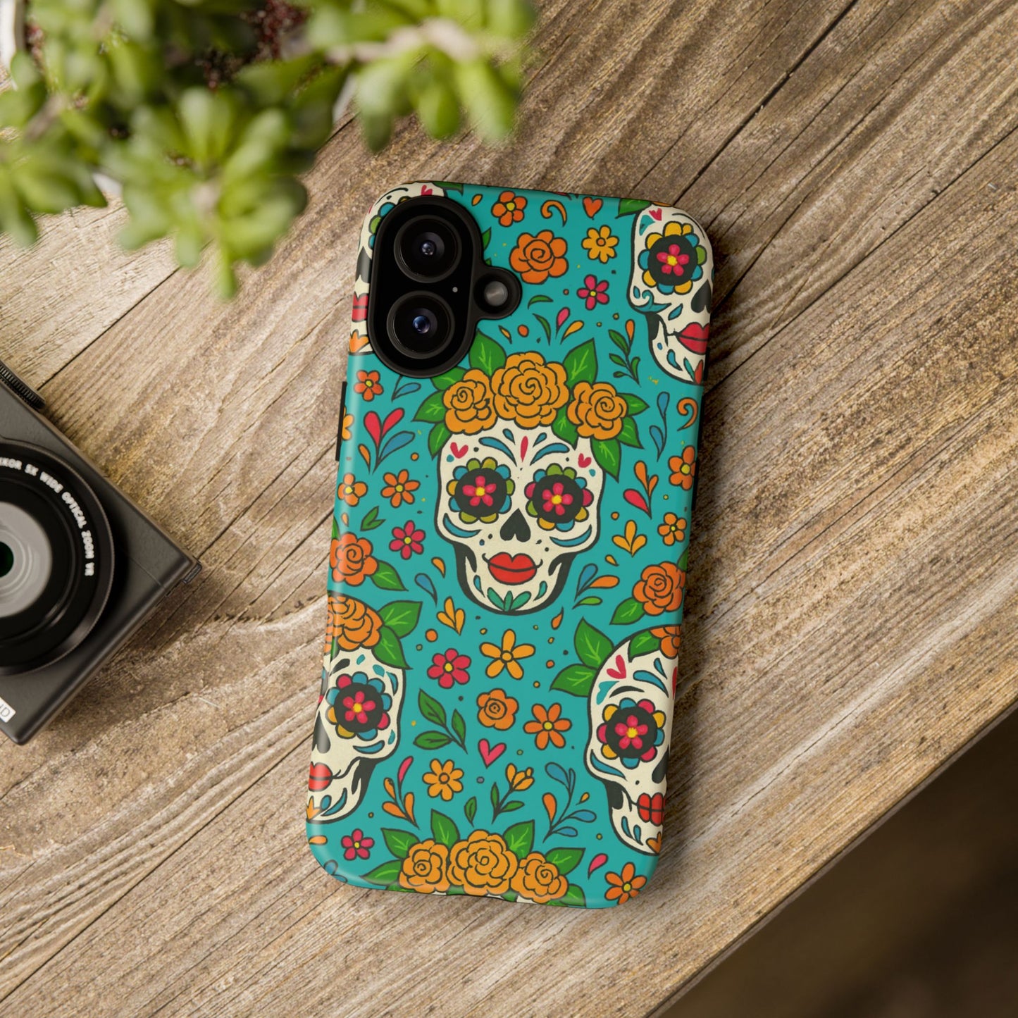 Teal Mexican Style Phone Cases With Floral Skulls - Dia De Los Muertos