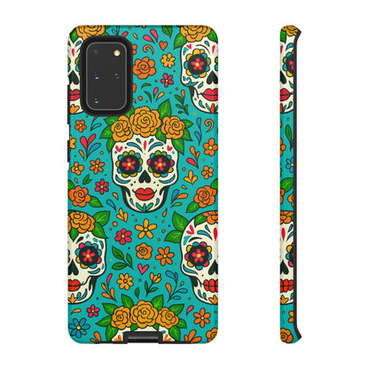 Teal Mexican Style Phone Cases With Floral Skulls - Dia De Los Muertos