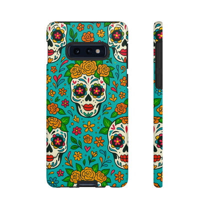 Teal Mexican Style Phone Cases With Floral Skulls - Dia De Los Muertos