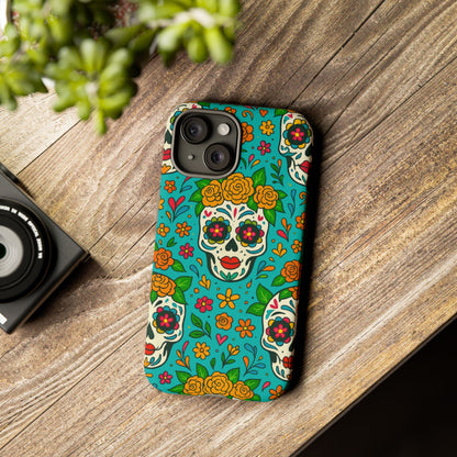 Teal Mexican Style Phone Cases With Floral Skulls - Dia De Los Muertos