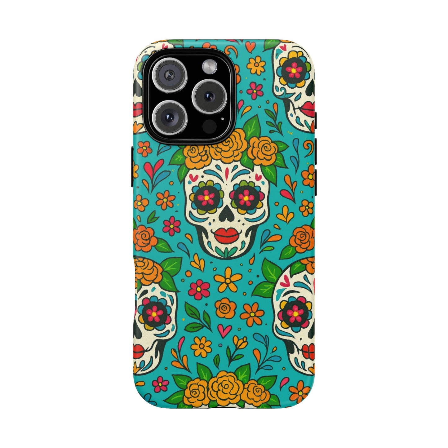 Teal Mexican Style Phone Cases With Floral Skulls - Dia De Los Muertos