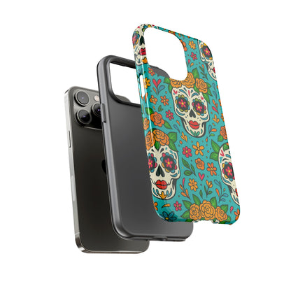 Teal Mexican Style Phone Cases With Floral Skulls - Dia De Los Muertos