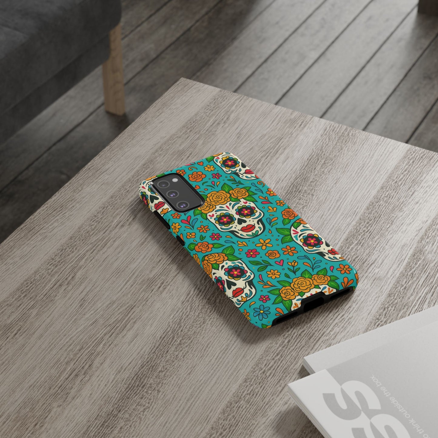 Teal Mexican Style Phone Cases With Floral Skulls - Dia De Los Muertos