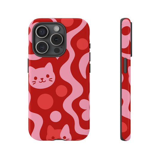 Phone Case - Vibrant Retro Cats Pattern in Red & Pink