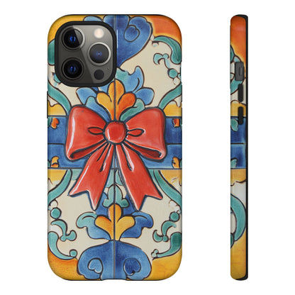Colourful Ceramic Tile Design Phone Case With Red Bow
