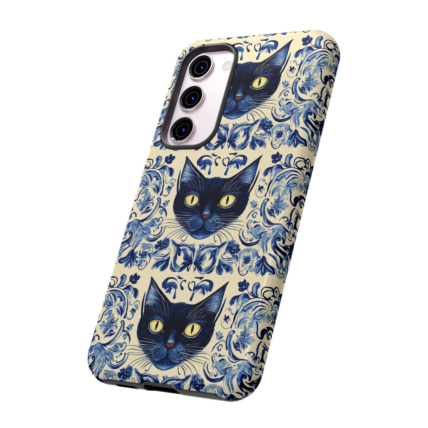 Tough Phone Case - Mediterranean Tile Motif With Blue Cats