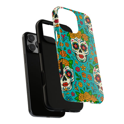 Teal Mexican Style Phone Cases With Floral Skulls - Dia De Los Muertos