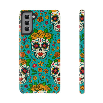 Teal Mexican Style Phone Cases With Floral Skulls - Dia De Los Muertos