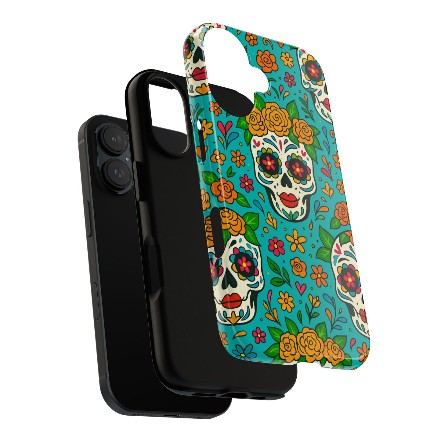Teal Mexican Style Phone Cases With Floral Skulls - Dia De Los Muertos