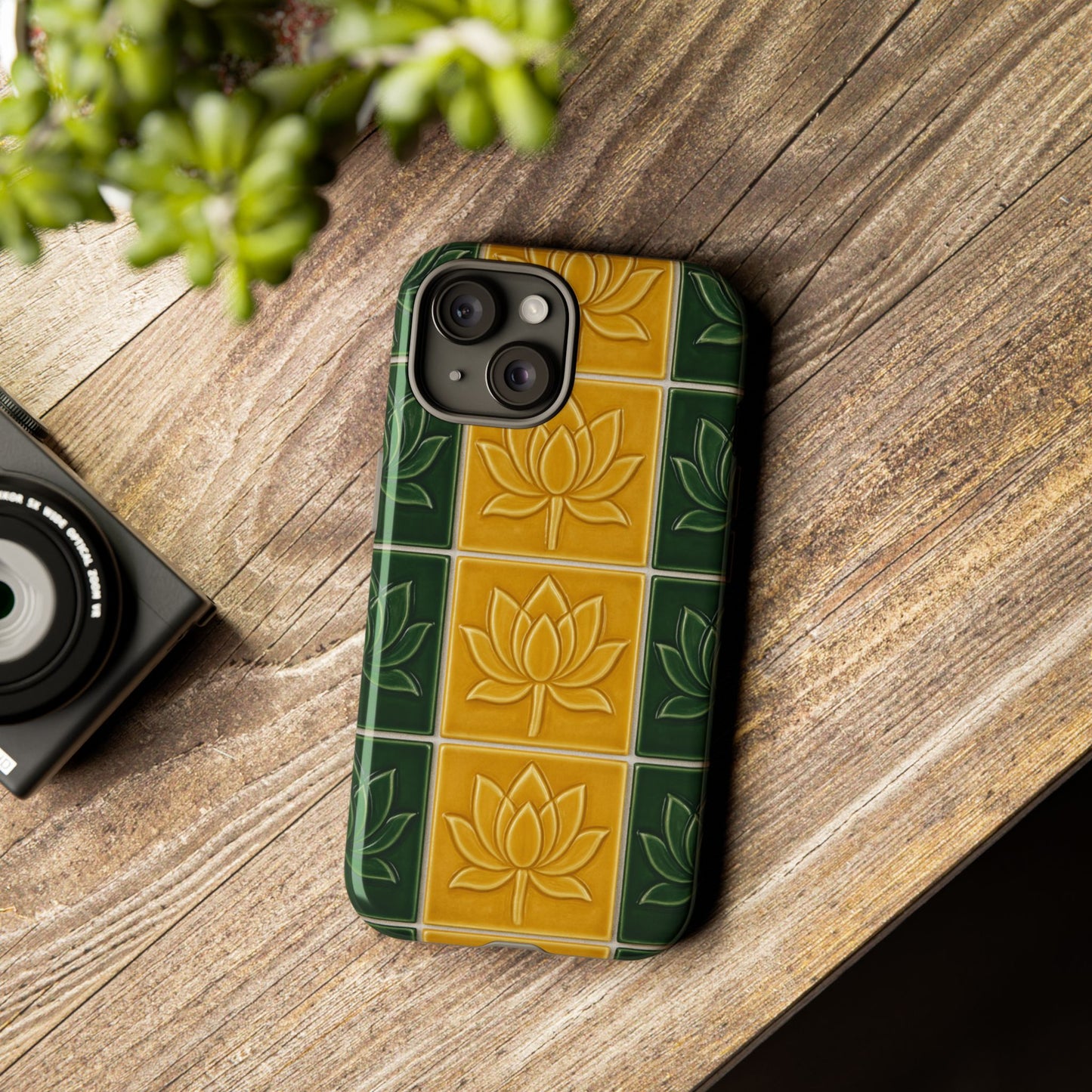 Tough Phone Cases - Mustard Yellow & Green Ceramic Tile From Caldas Da Rhaina, Portugal