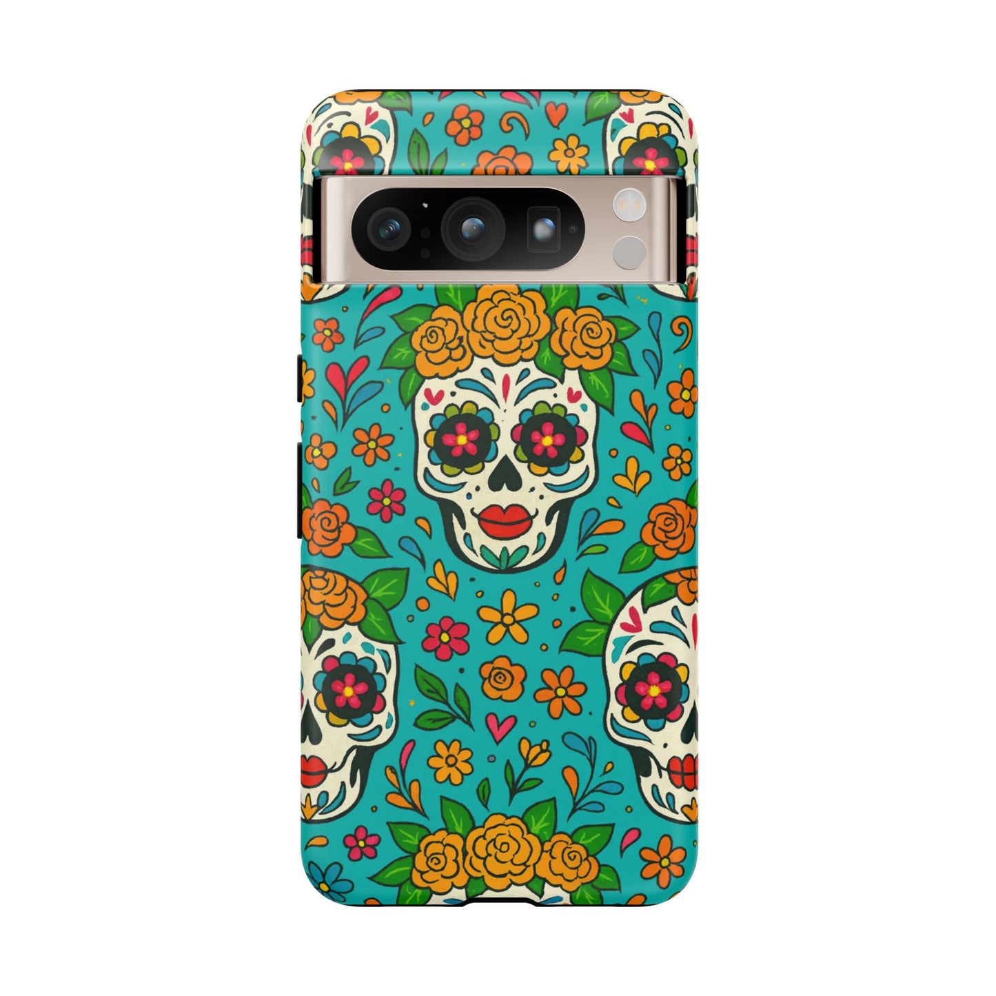 Teal Mexican Style Phone Cases With Floral Skulls - Dia De Los Muertos