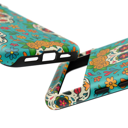 Teal Mexican Style Phone Cases With Floral Skulls - Dia De Los Muertos
