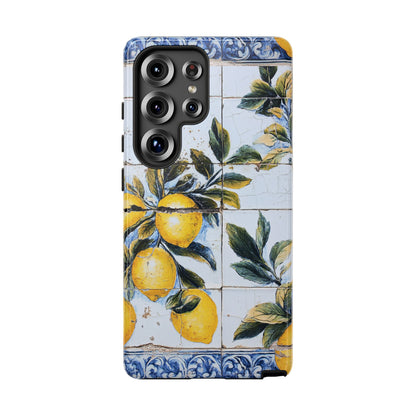 Phone Case, Coastal Tough Case With Lemons in Distressed Ceramic Tile Design, Protective Cover, Summer Accessory, Mediterranean Style iPhone