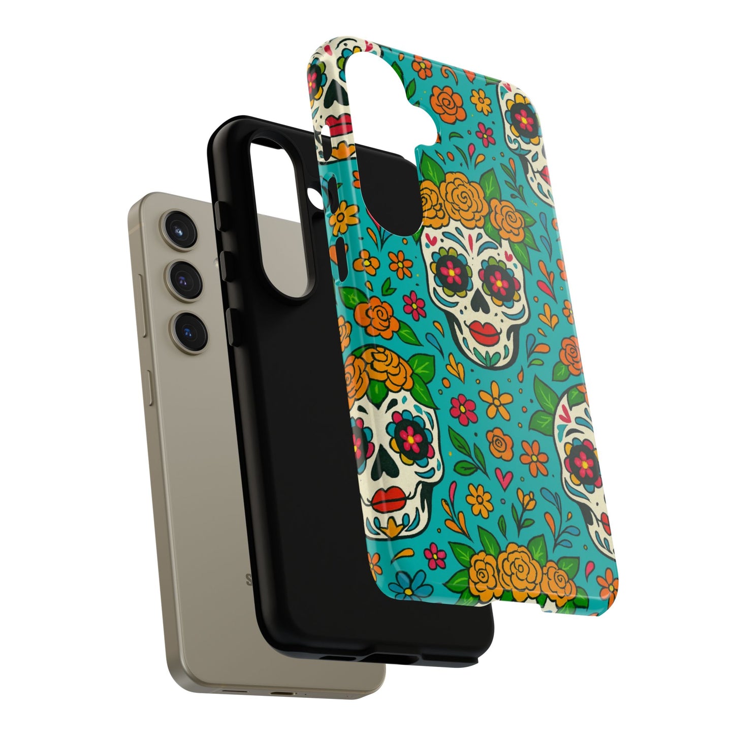 Teal Mexican Style Phone Cases With Floral Skulls - Dia De Los Muertos