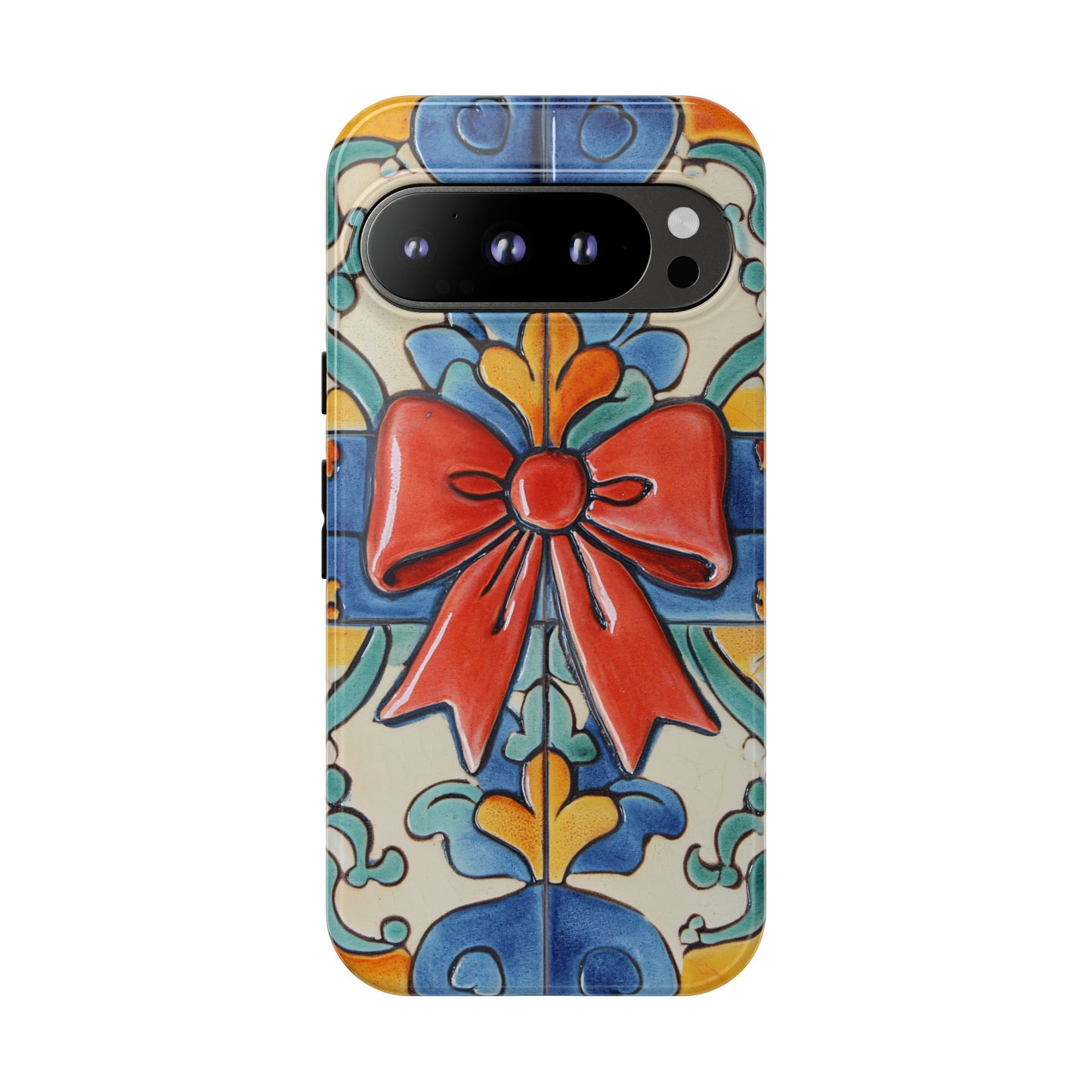 Colourful Ceramic Tile Design Phone Case With Red Bow