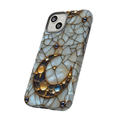 Celestial Phone Case - White Stained Glass & Gold Crescent Moon Print