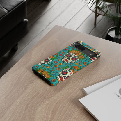 Teal Mexican Style Phone Cases With Floral Skulls - Dia De Los Muertos