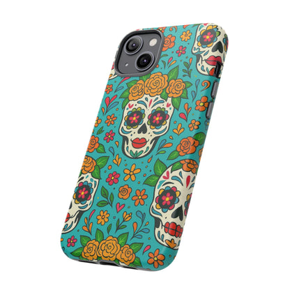 Teal Mexican Style Phone Cases With Floral Skulls - Dia De Los Muertos
