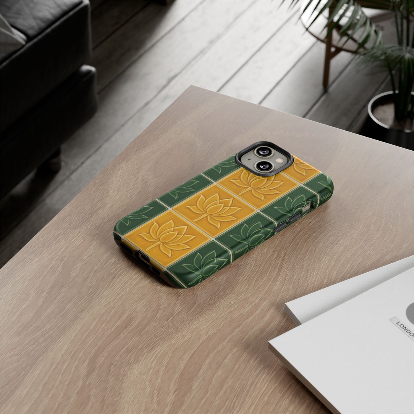 Tough Phone Cases - Mustard Yellow & Green Ceramic Tile From Caldas Da Rhaina, Portugal