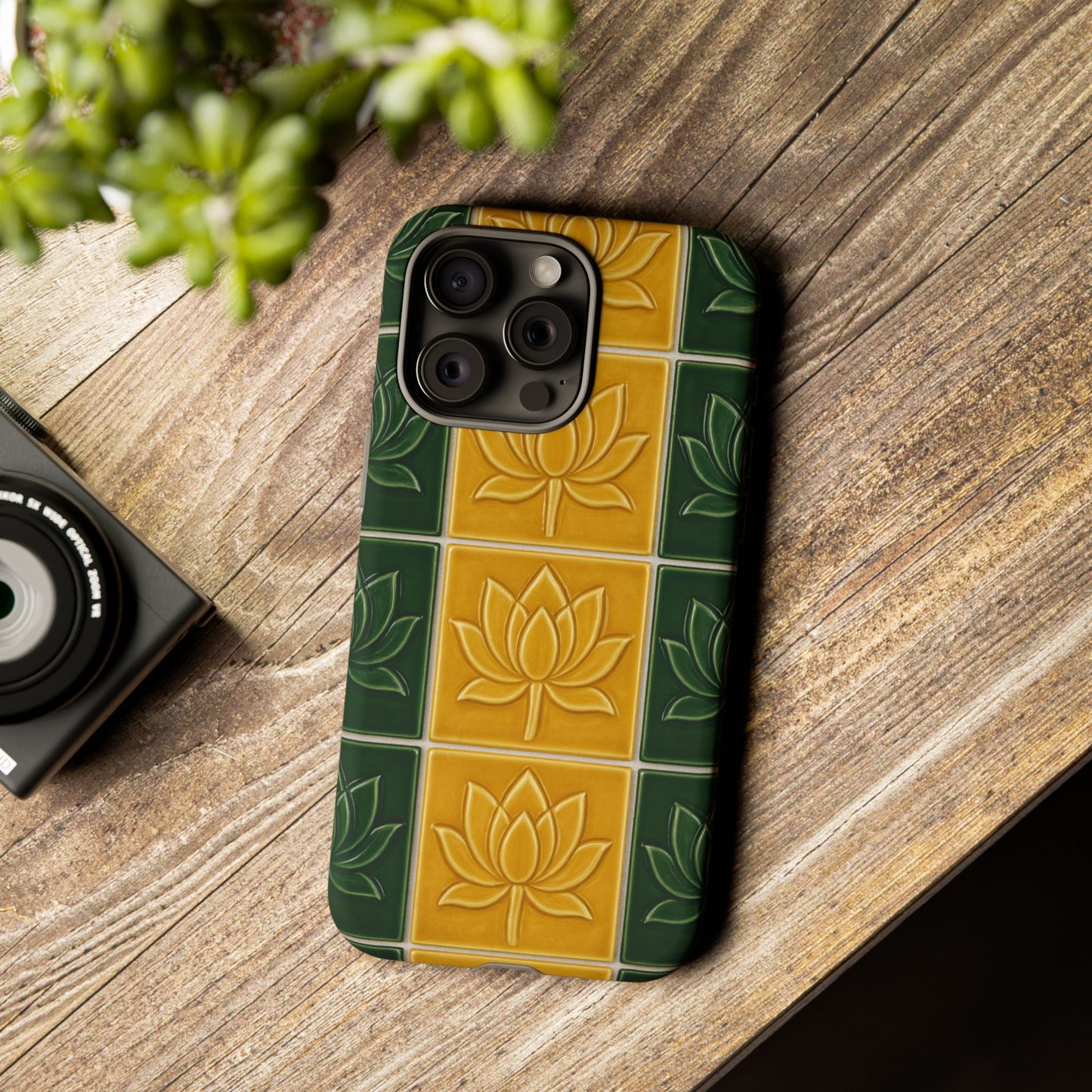 Tough Phone Cases - Mustard Yellow & Green Ceramic Tile From Caldas Da Rhaina, Portugal