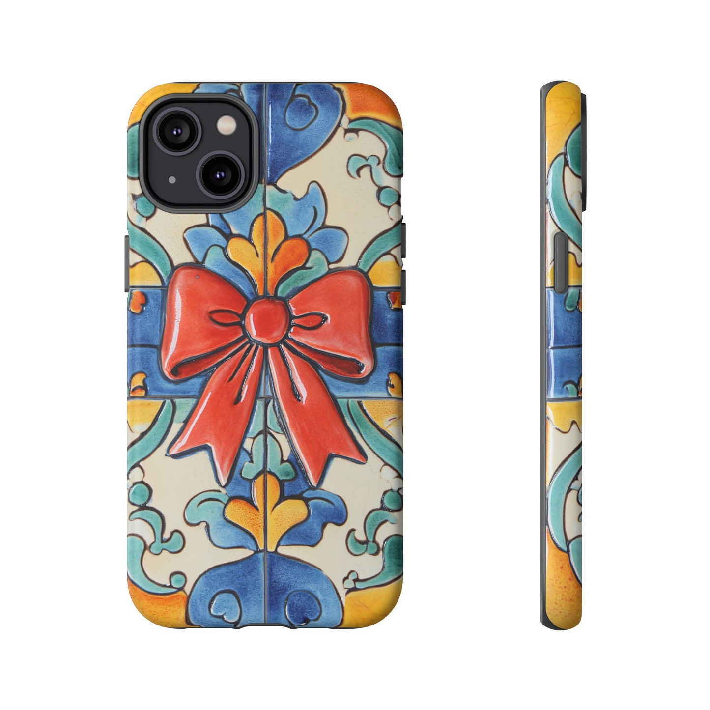 Colourful Ceramic Tile Design Phone Case With Red Bow