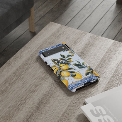 Phone Case, Coastal Tough Case With Lemons in Distressed Ceramic Tile Design, Protective Cover, Summer Accessory, Mediterranean Style iPhone