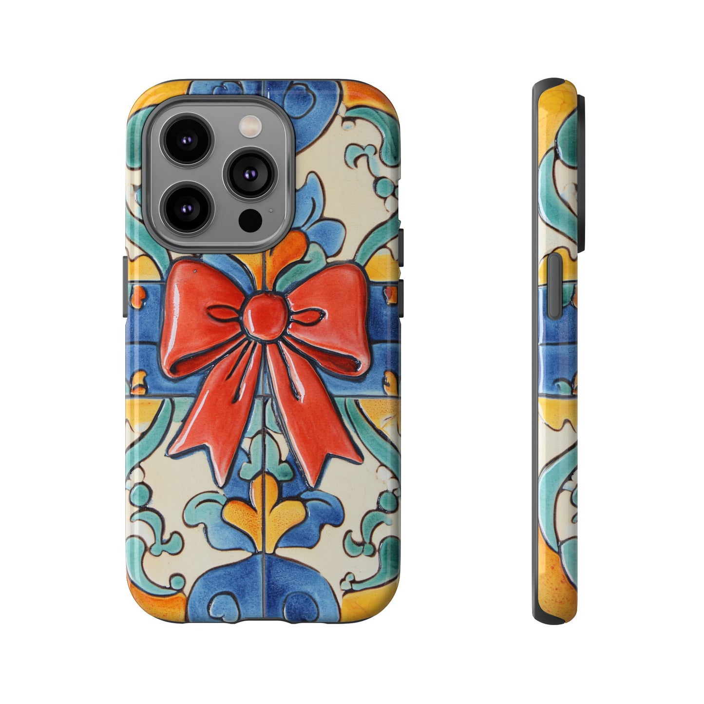 Colourful Ceramic Tile Design Phone Case With Red Bow