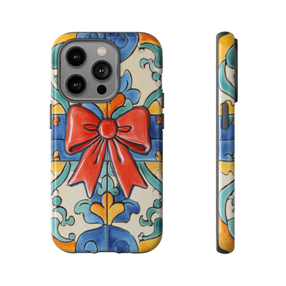 Colourful Ceramic Tile Design Phone Case With Red Bow