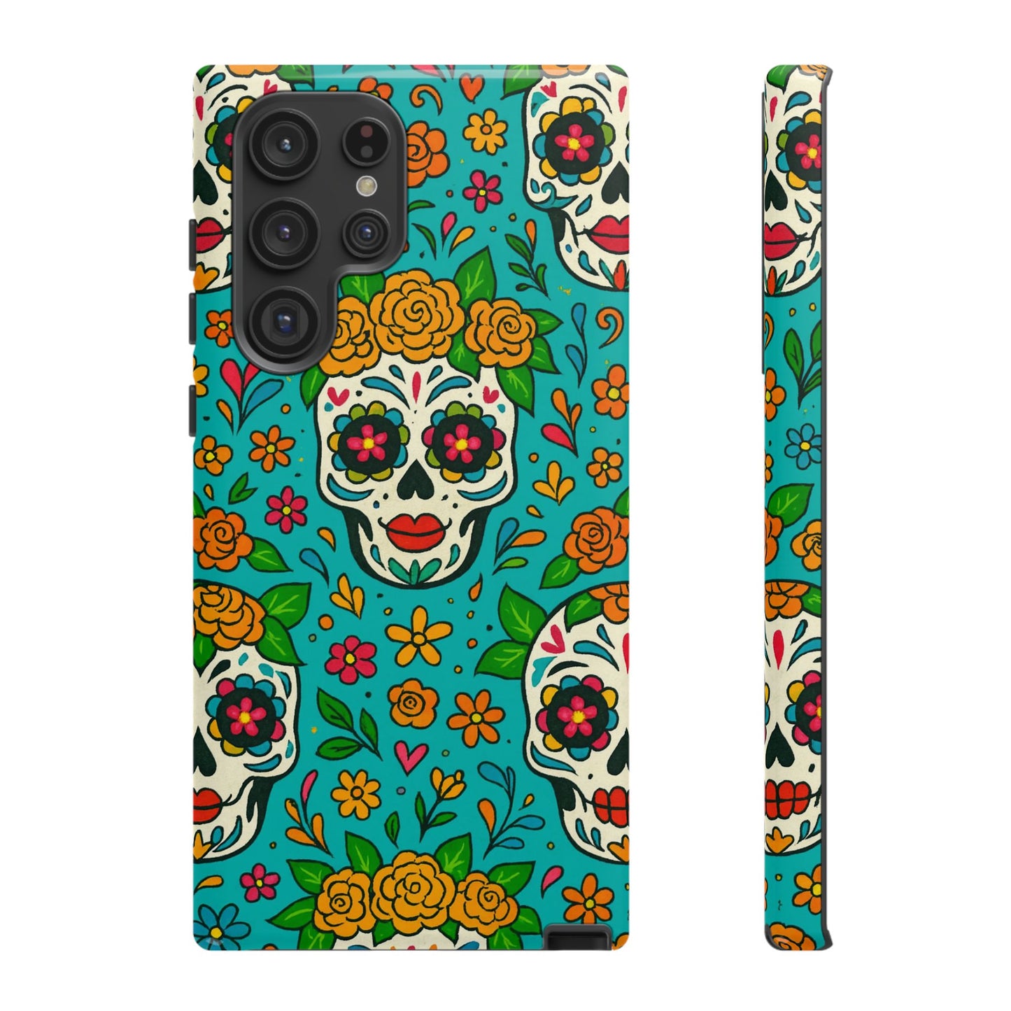 Teal Mexican Style Phone Cases With Floral Skulls - Dia De Los Muertos