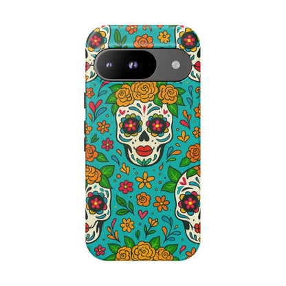 Teal Mexican Style Phone Cases With Floral Skulls - Dia De Los Muertos