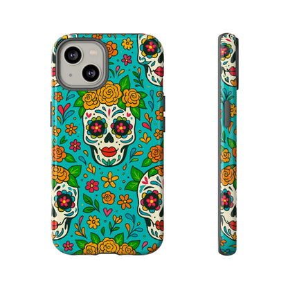 Teal Mexican Style Phone Cases With Floral Skulls - Dia De Los Muertos