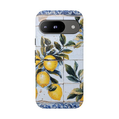 Phone Case, Coastal Tough Case With Lemons in Distressed Ceramic Tile Design, Protective Cover, Summer Accessory, Mediterranean Style iPhone