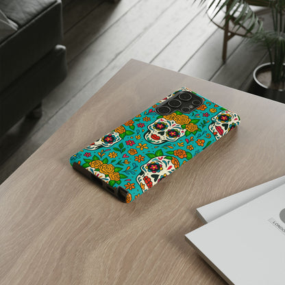 Teal Mexican Style Phone Cases With Floral Skulls - Dia De Los Muertos