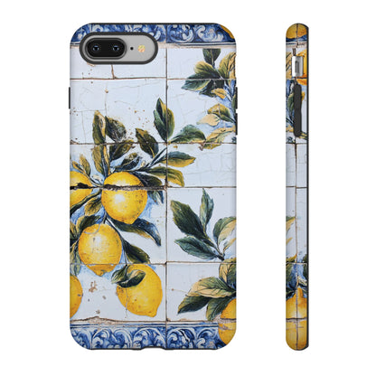Phone Case, Coastal Tough Case With Lemons in Distressed Ceramic Tile Design, Protective Cover, Summer Accessory, Mediterranean Style iPhone