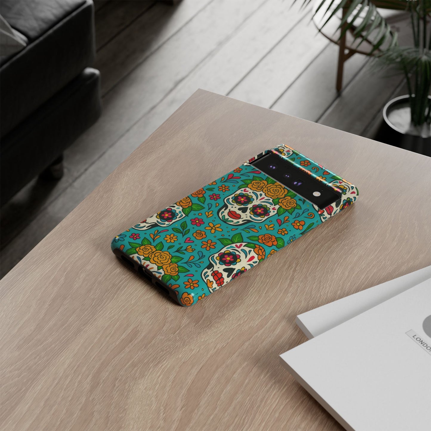 Teal Mexican Style Phone Cases With Floral Skulls - Dia De Los Muertos