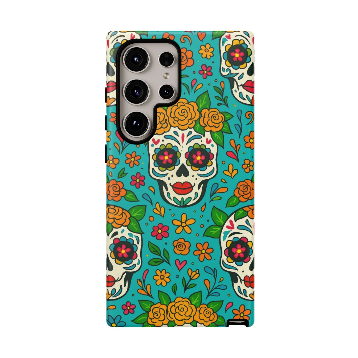 Teal Mexican Style Phone Cases With Floral Skulls - Dia De Los Muertos