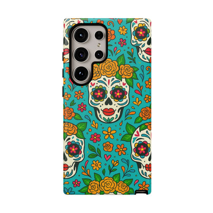 Teal Mexican Style Phone Cases With Floral Skulls - Dia De Los Muertos