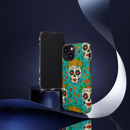Teal Mexican Style Phone Cases With Floral Skulls - Dia De Los Muertos
