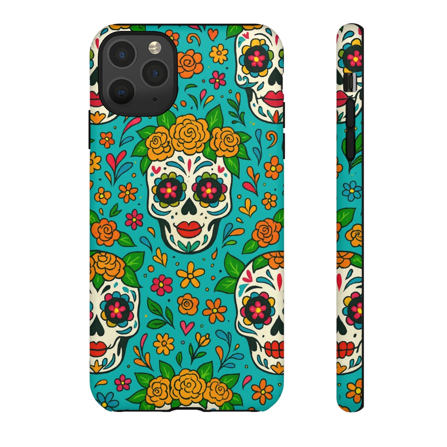Teal Mexican Style Phone Cases With Floral Skulls - Dia De Los Muertos