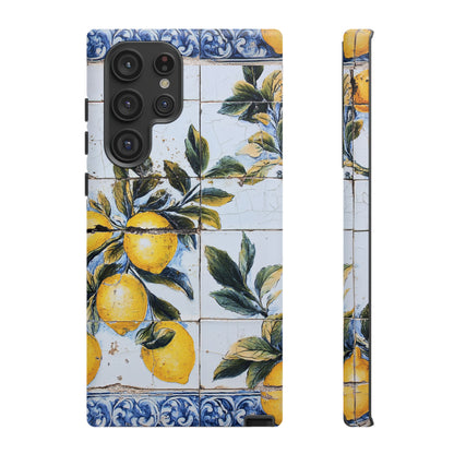 Phone Case, Coastal Tough Case With Lemons in Distressed Ceramic Tile Design, Protective Cover, Summer Accessory, Mediterranean Style iPhone