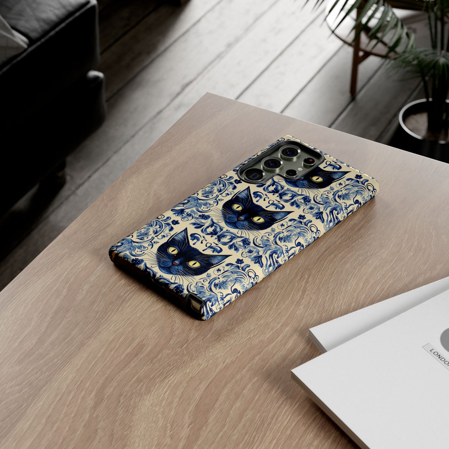 Tough Phone Case - Mediterranean Tile Motif With Blue Cats